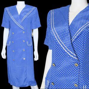 Vintage 80s Leslie Fay Midi Secretary Dress Double Breasted Stars Sailor Sz 14